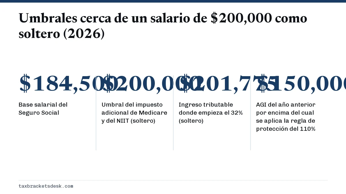 Umbrales cerca de un salario de $200,000 como soltero (2026)