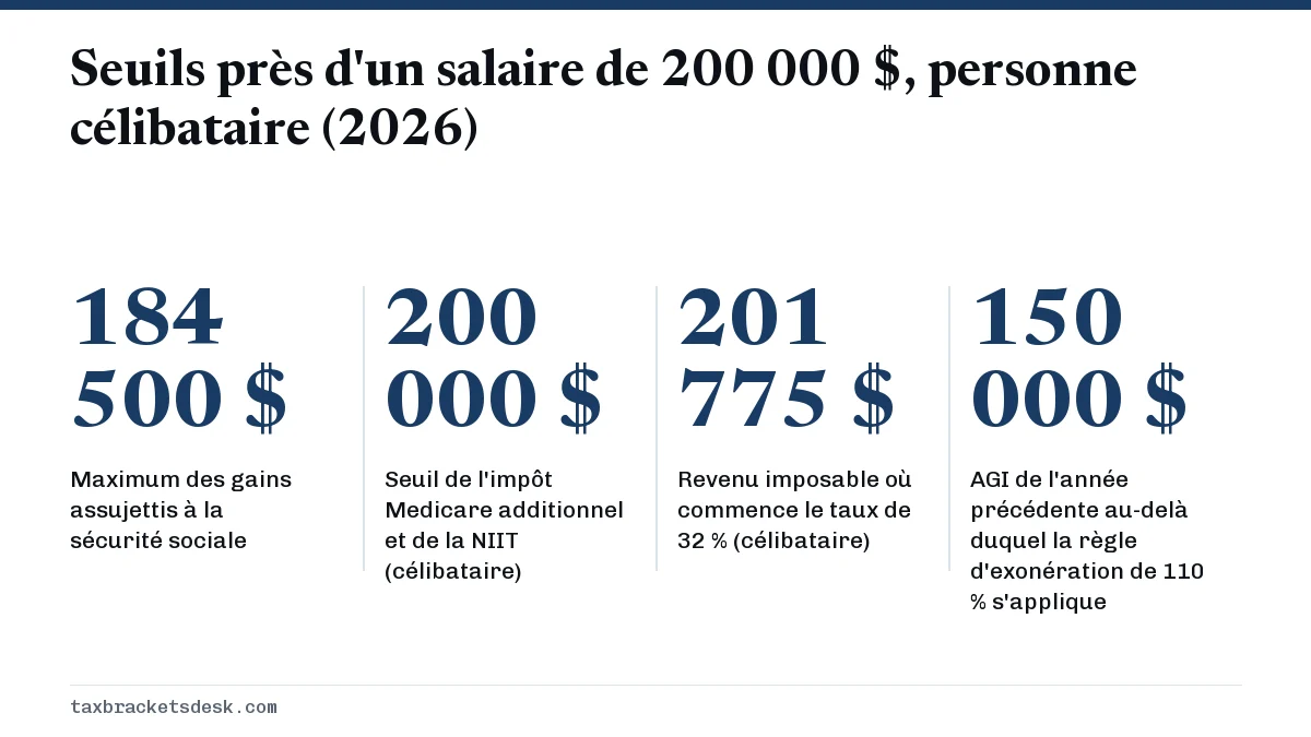Seuils près d'un salaire de 200 000 $, personne célibataire (2026)
