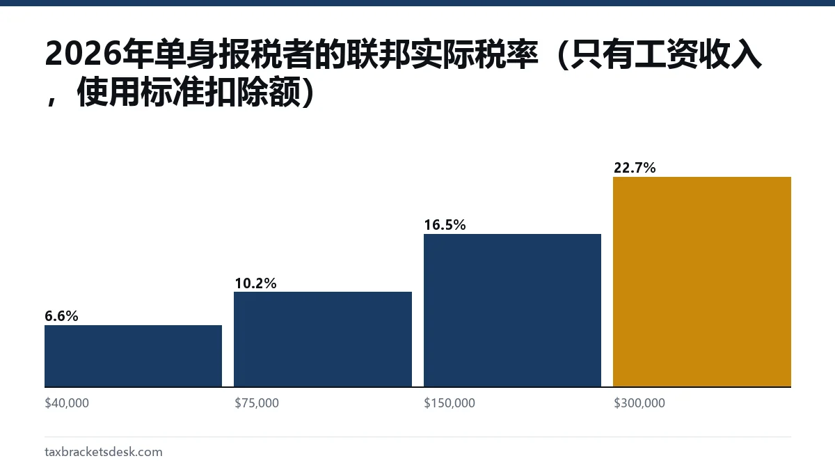 2026年单身报税者的联邦实际税率（只有工资收入，使用标准扣除额）
