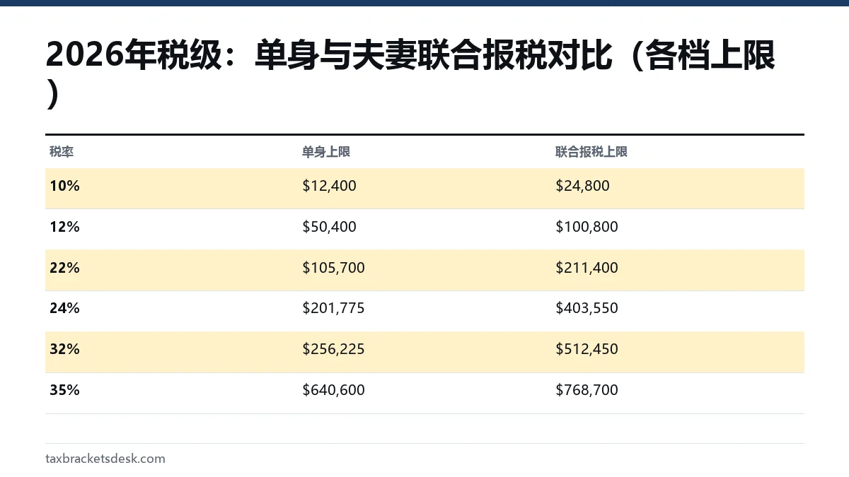 2026年税级:单身与夫妻联合报税对比(各档上限)