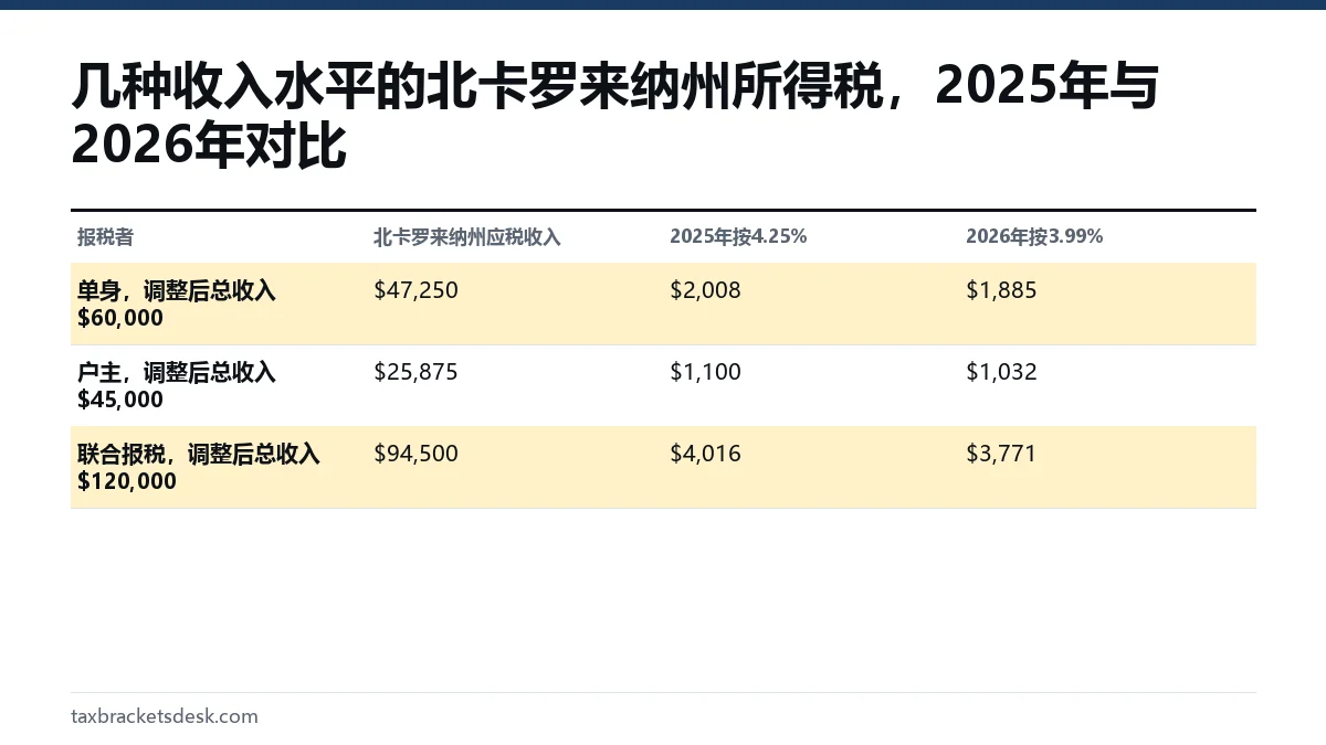 几种收入水平的北卡罗来纳州所得税,2025年与2026年对比