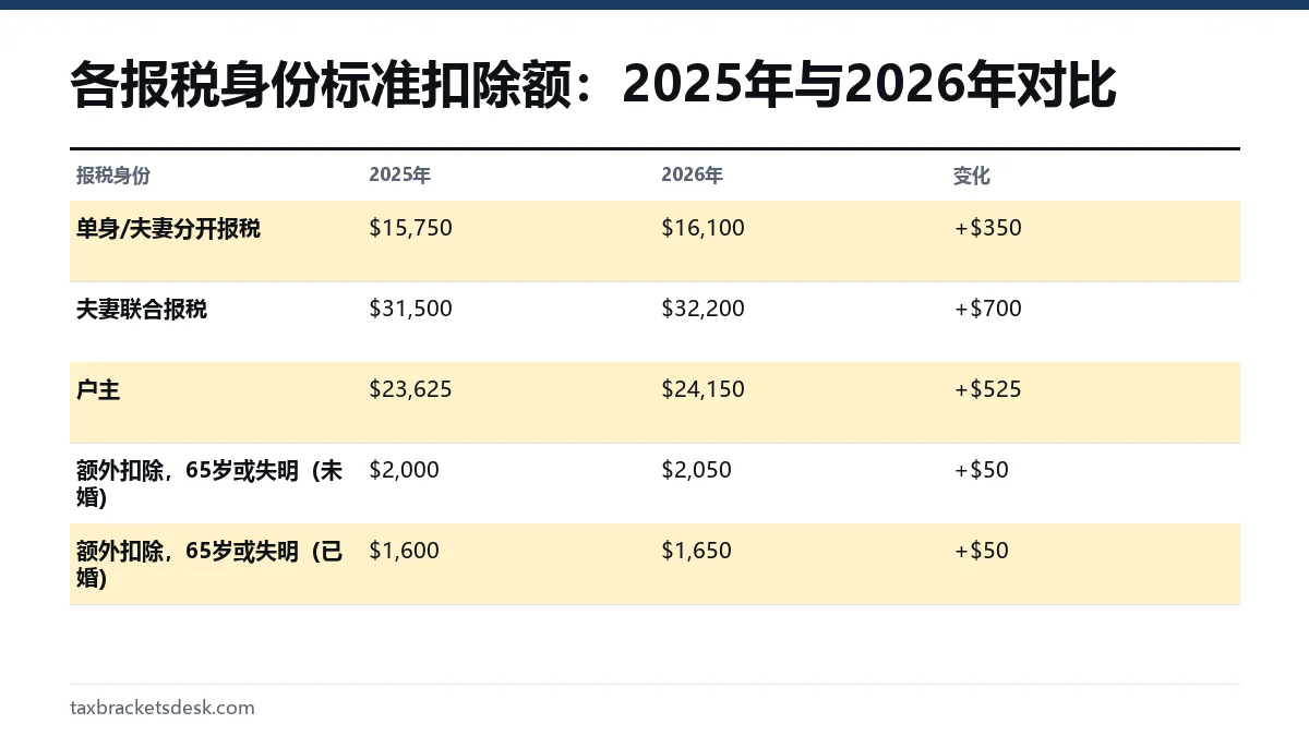 各报税身份标准扣除额：2025年与2026年对比