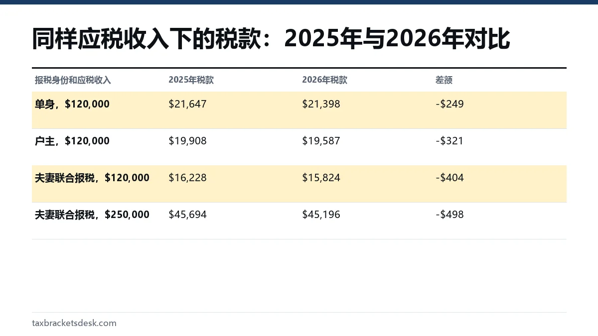 同样应税收入下的税款：2025年与2026年对比