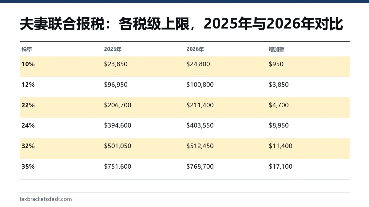 夫妻联合报税：各税级上限，2025年与2026年对比