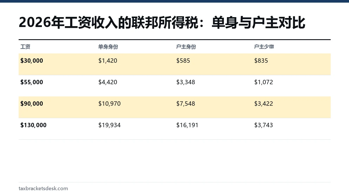2026年工资收入的联邦所得税：单身与户主对比