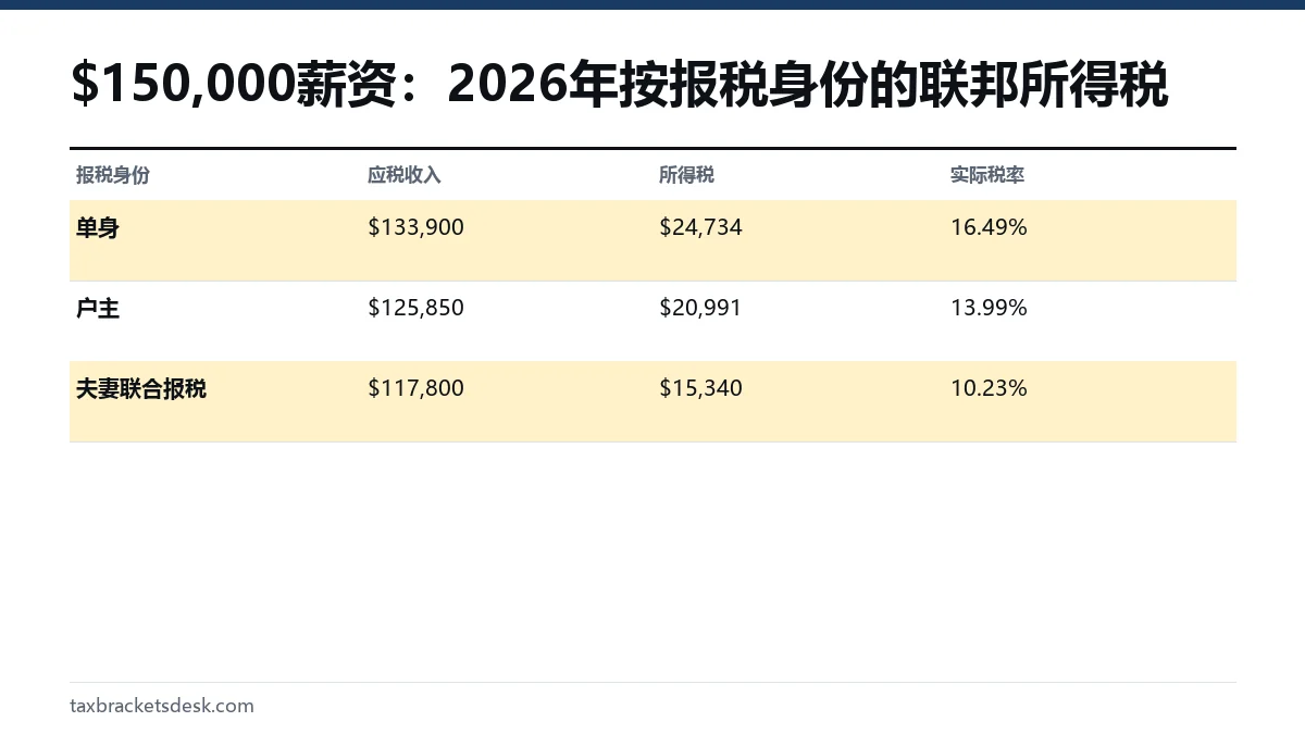$150,000薪资:2026年按报税身份的联邦所得税