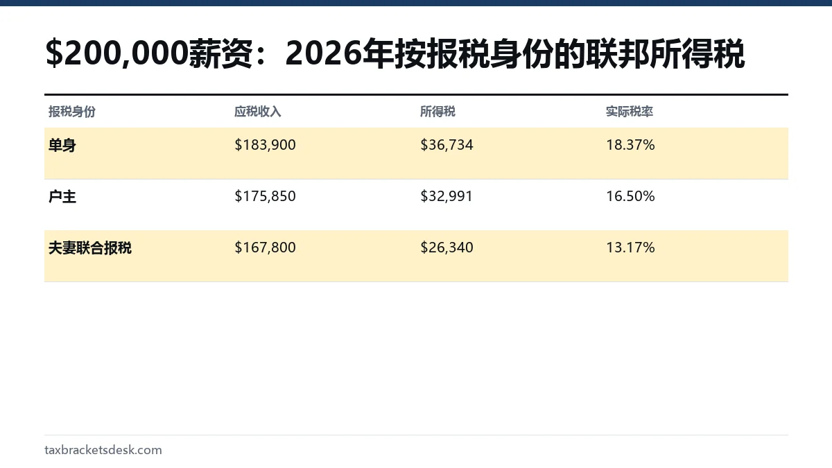 $200,000薪资:2026年按报税身份的联邦所得税