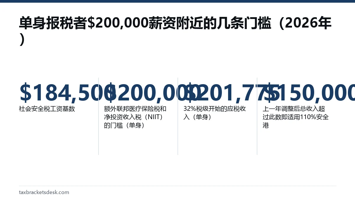 单身报税者$200,000薪资附近的几条门槛(2026年)