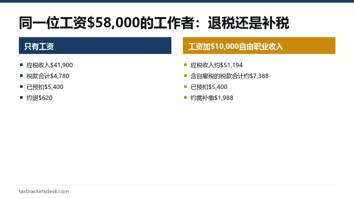 同一位工资$58,000的工作者：退税还是补税