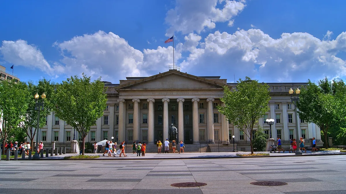 The Treasury Building in Washington, DC, with its main portico