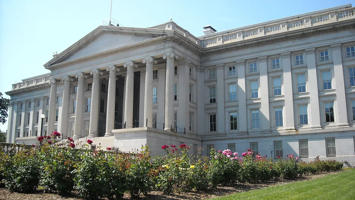 The rear elevation of the United States Treasury Department building